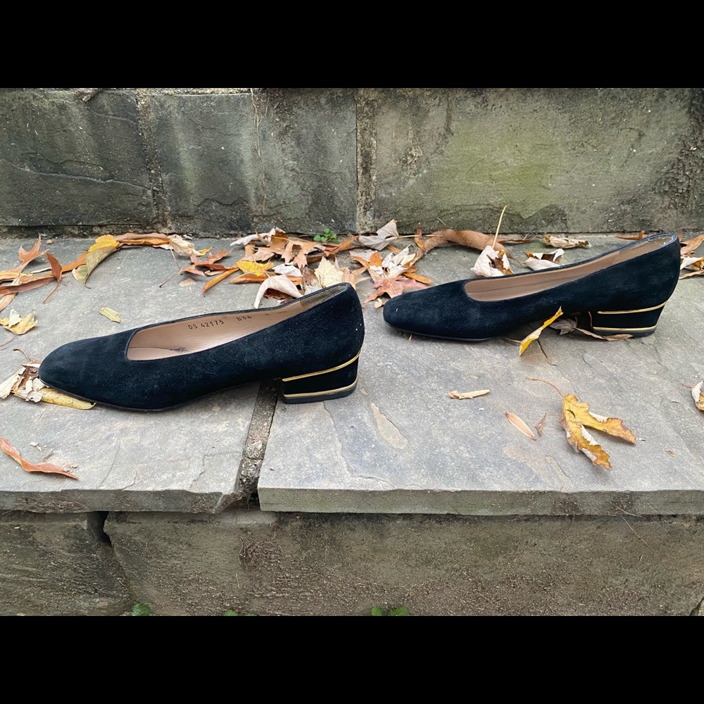 Black suede Salvatore Ferragamo shoes 6 AA—gently worn. Gold detail on heel.